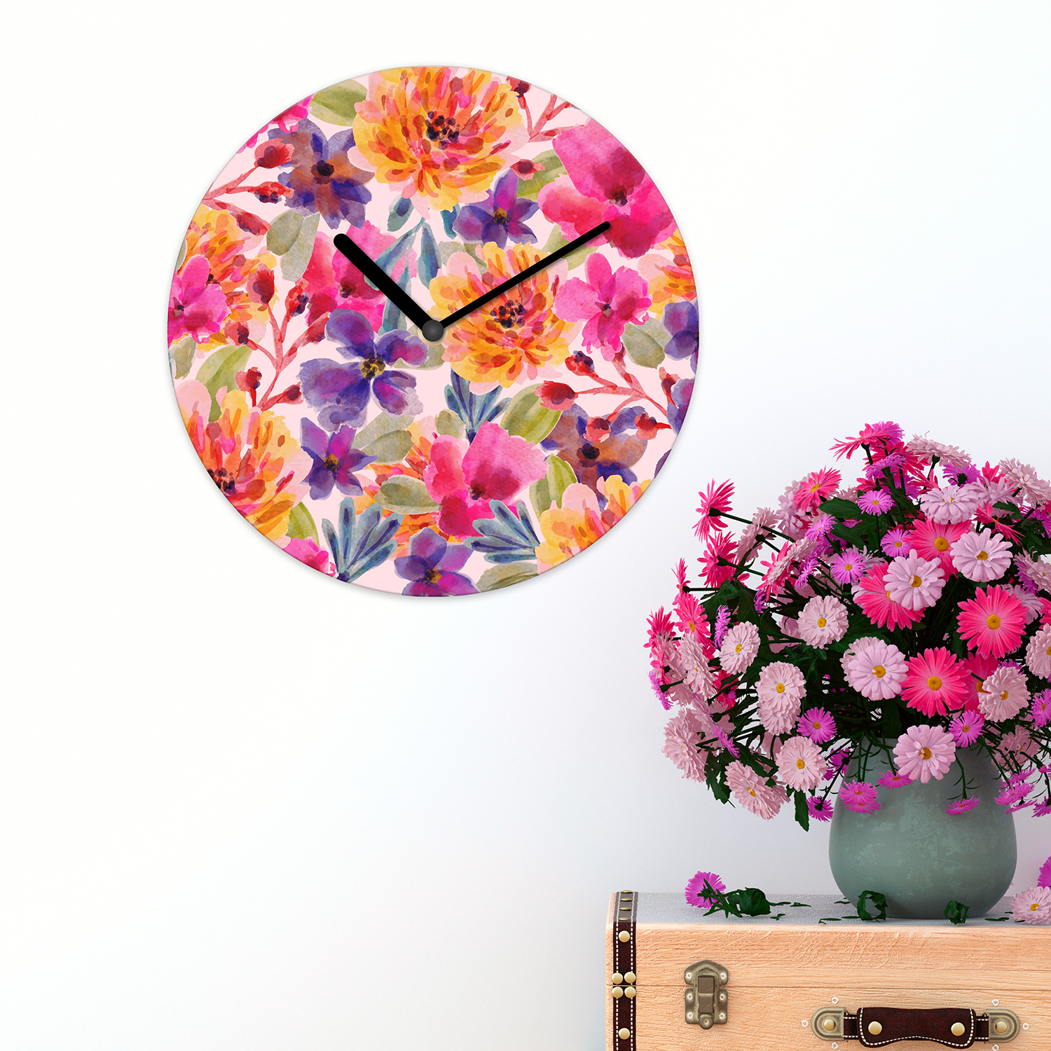 Watercolour Floral Pattern Colourful Wall Clock Walplus