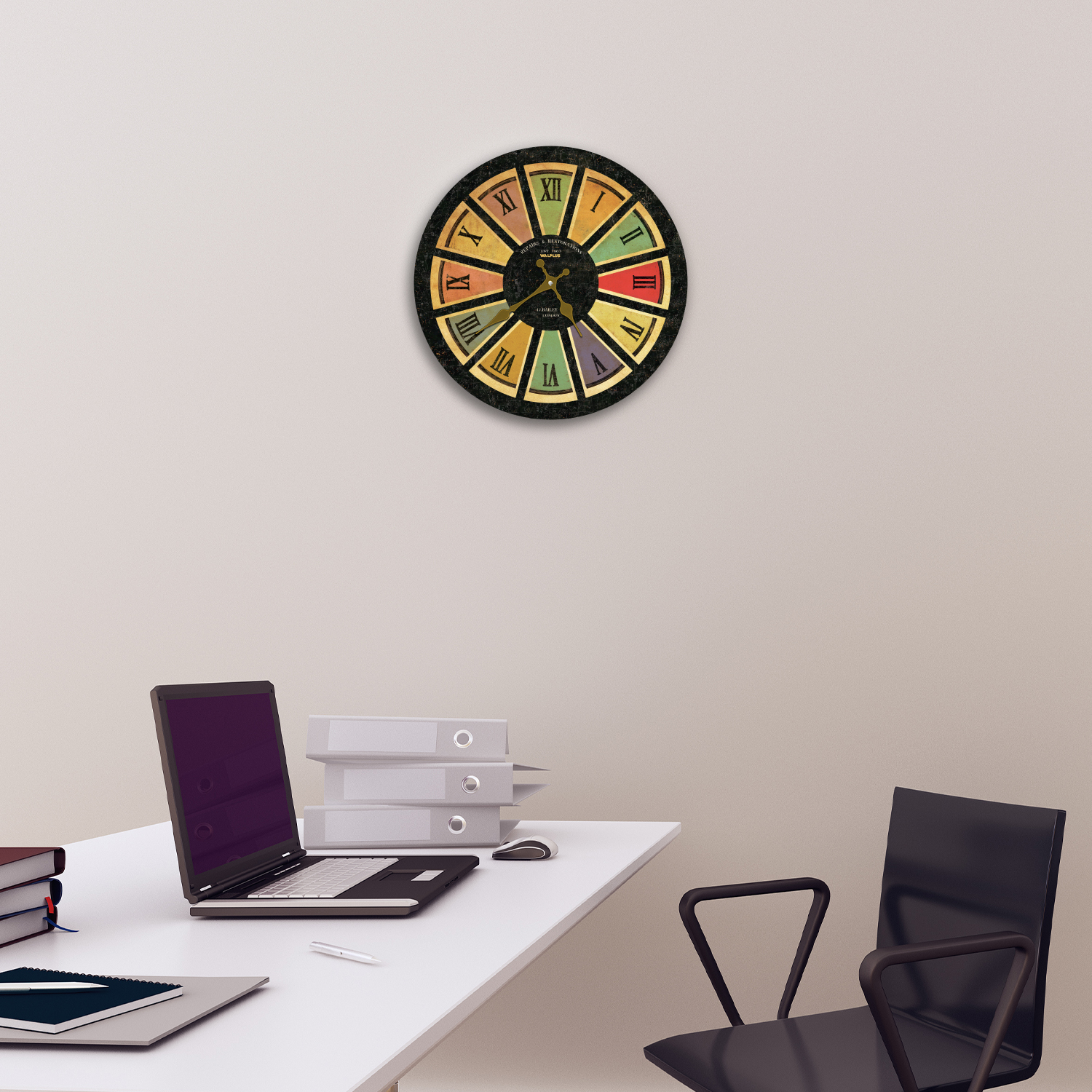 wooden-roman-numerals-clock-colourful-and-black-borders-walplus