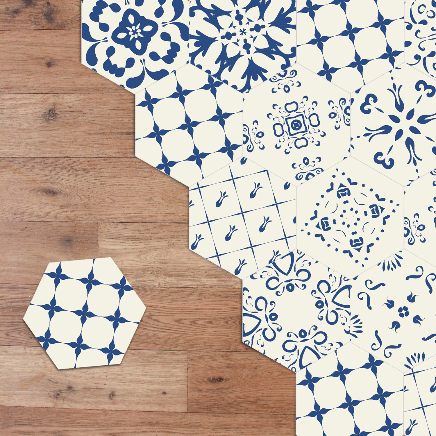Floral Motif Hexagon Floor Tiles Blue Walplus